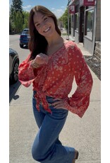 Nostalgia Scarf Print Long Sleeve Top with Tie Front (Flame)
