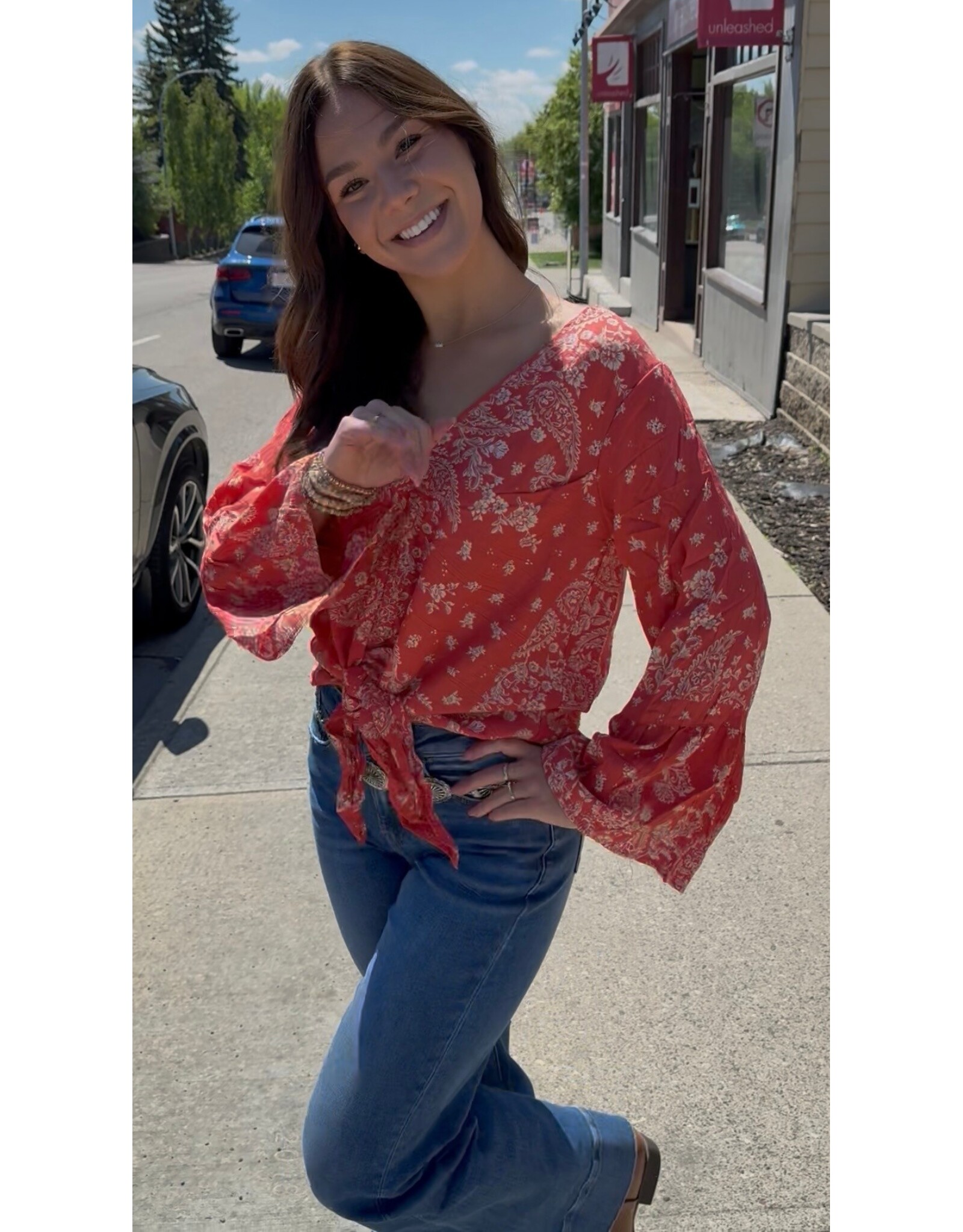 Nostalgia Scarf Print Long Sleeve Top with Tie Front (Flame)