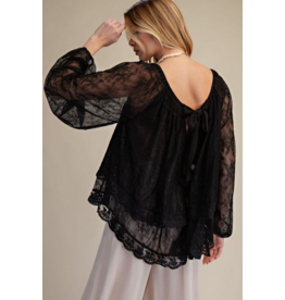 Easel Sheer Lace Open Back Blouse (Black)