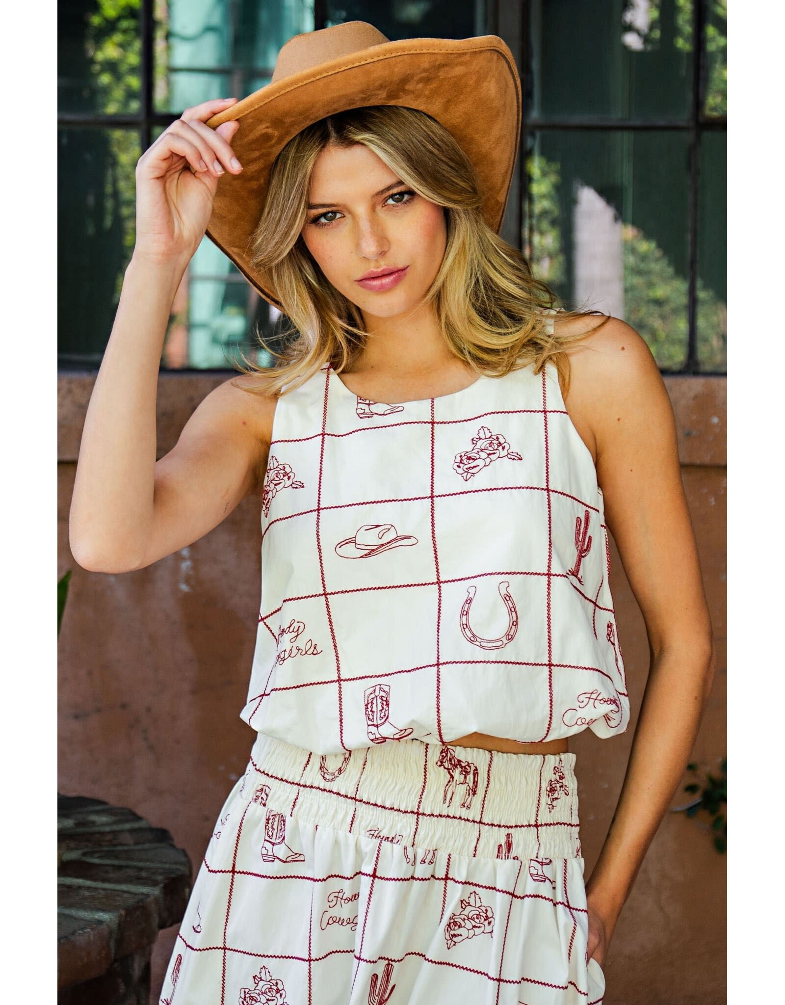 ee:some Western Embroidered Bubble Hem Tank (Cherry / Wood / Cream)