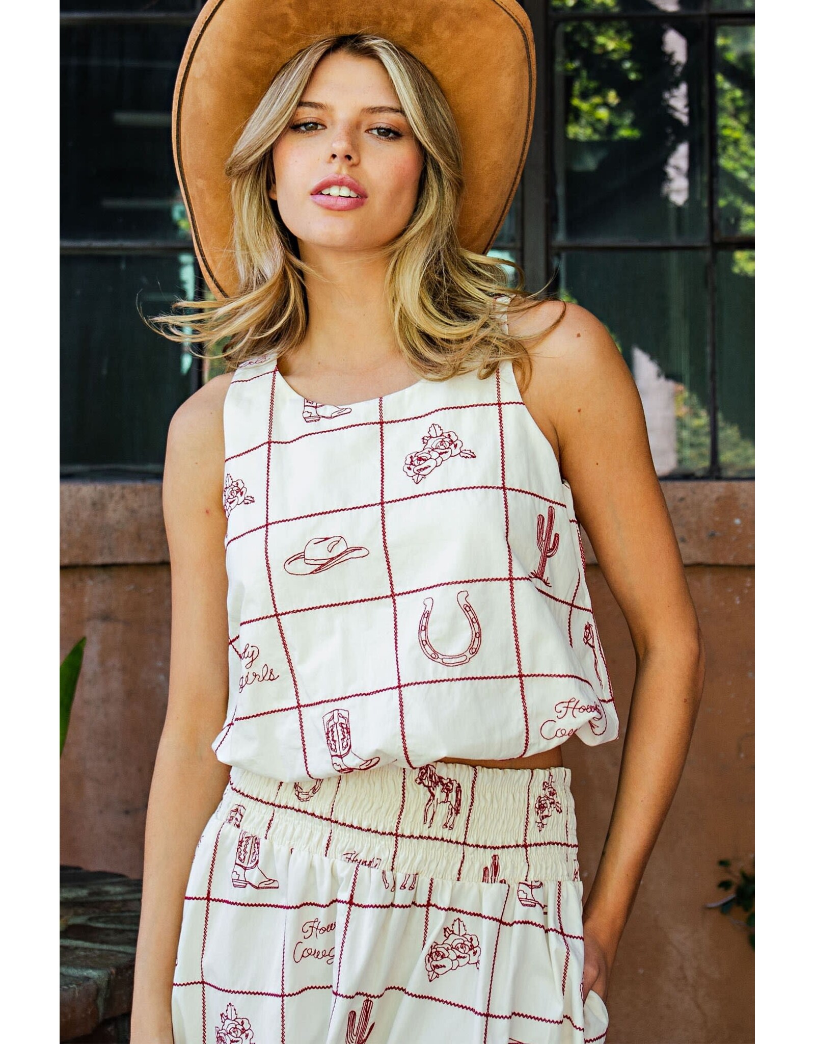 ee:some Western Embroidered Bubble Hem Tank (Cherry / Wood / Cream)