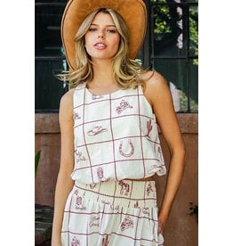 ee:some Western Embroidered Bubble Hem Tank (Cherry / Wood / Cream)
