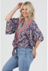 Nostalgia V Neck Tie Front Short Sleeve Top (Blue)