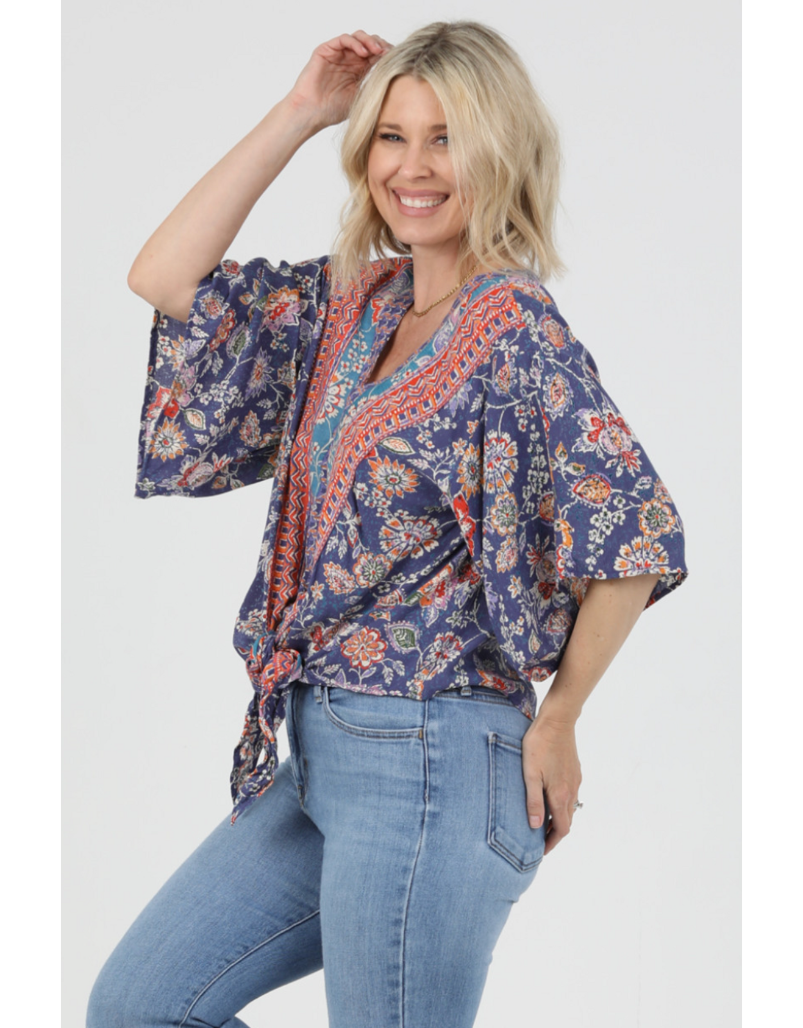 Nostalgia V Neck Tie Front Short Sleeve Top (Blue)