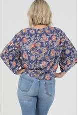 Nostalgia V Neck Tie Front Short Sleeve Top (Blue)