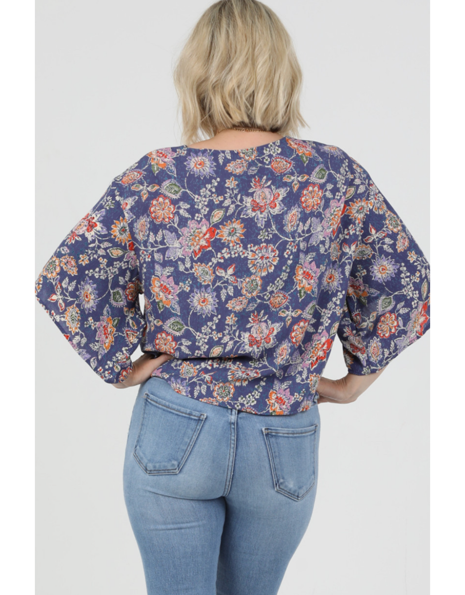 Nostalgia V Neck Tie Front Short Sleeve Top (Blue)