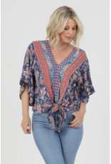 Nostalgia V Neck Tie Front Short Sleeve Top (Blue)