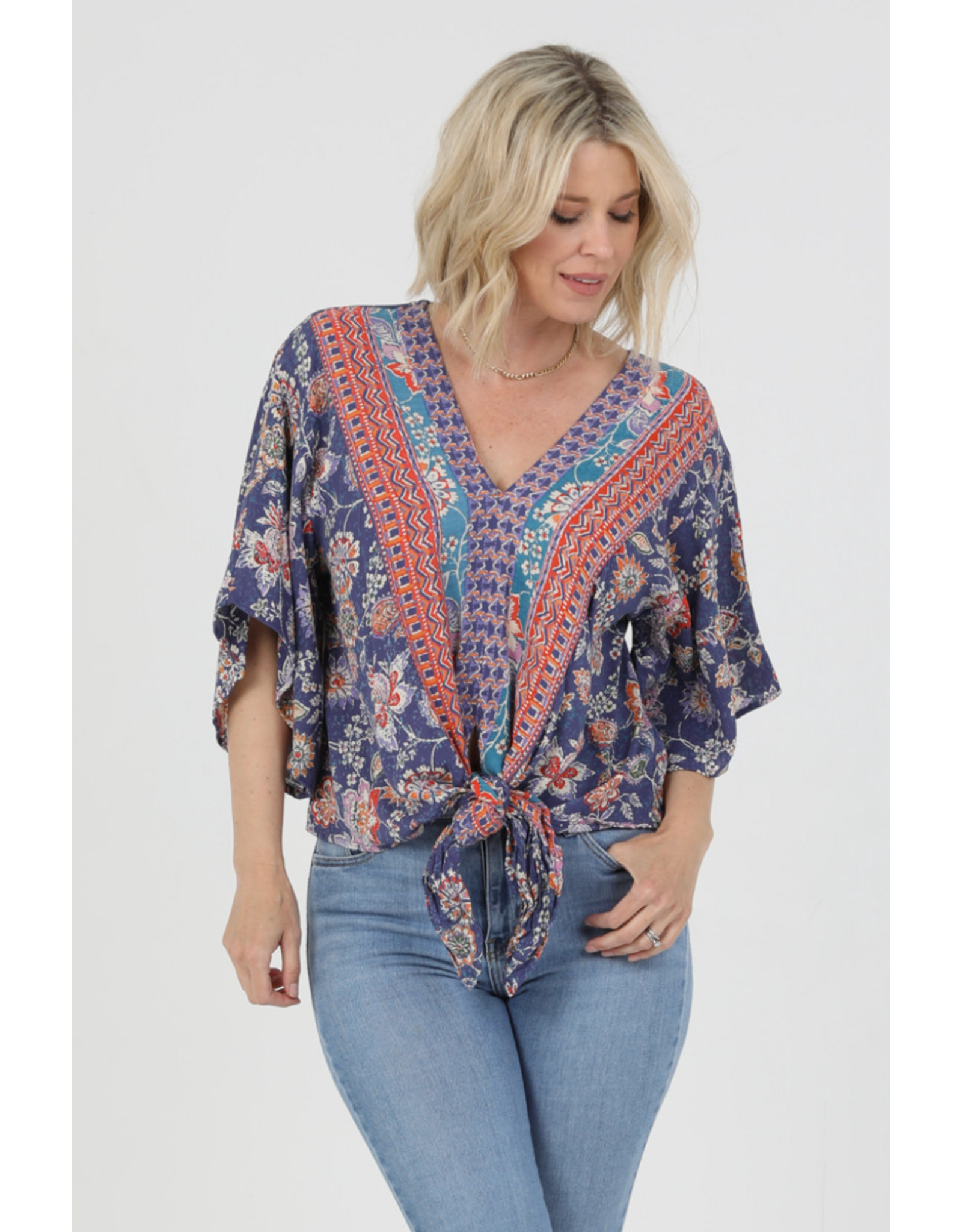 Nostalgia V Neck Tie Front Short Sleeve Top (Blue)