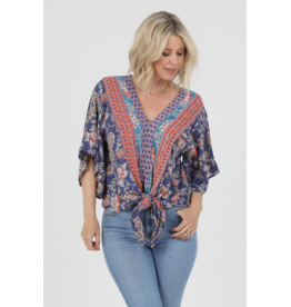 Nostalgia V Neck Tie Front Short Sleeve Top (Blue)