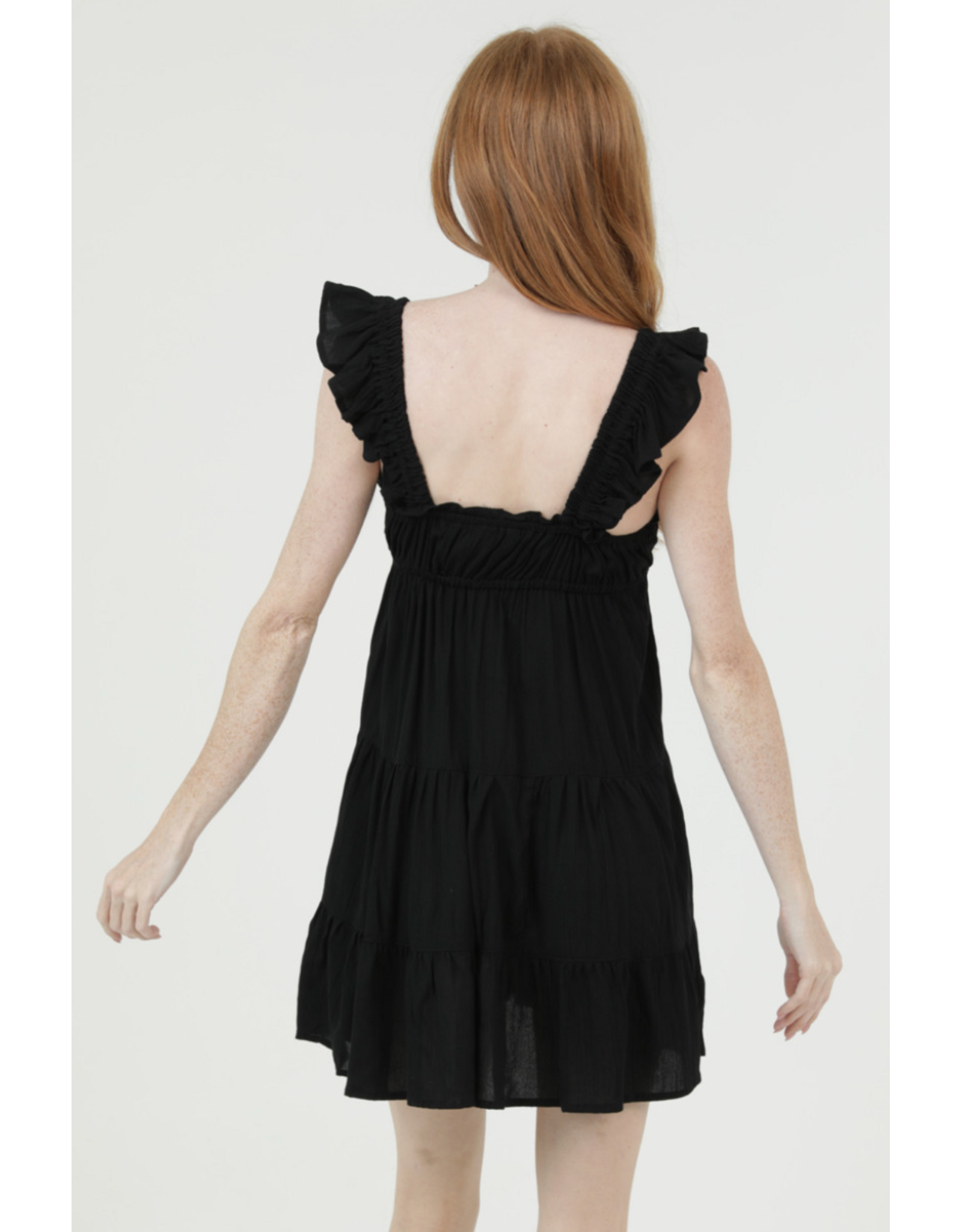 Ruffle Cap Sleeve Tiered Short Dress (Black)