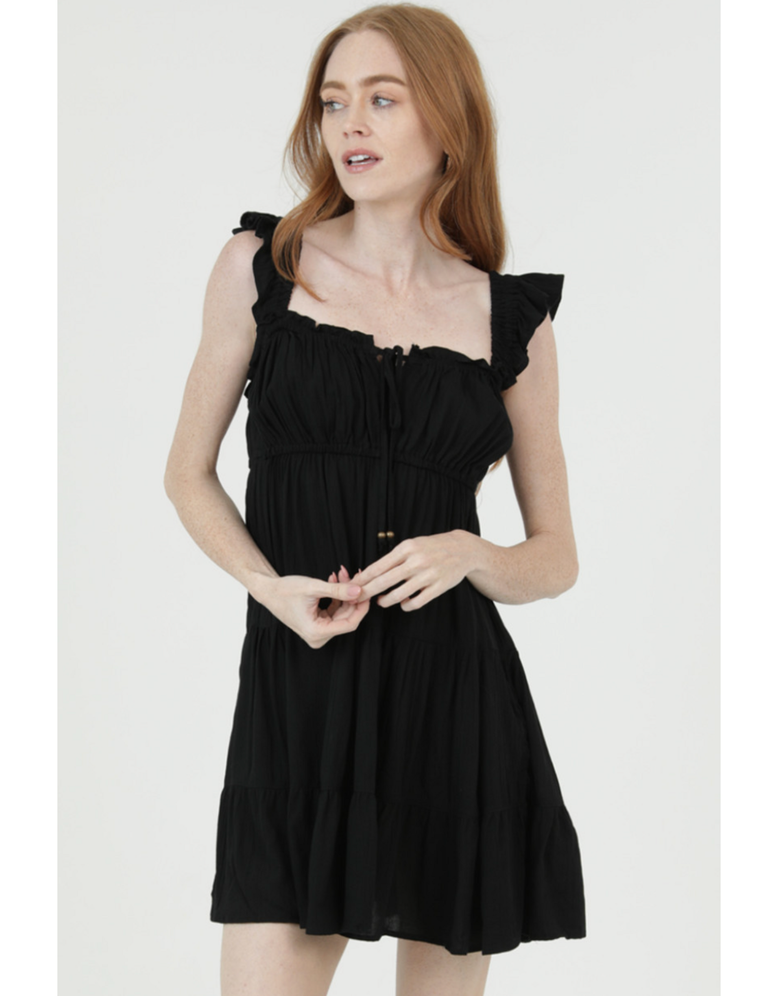 Ruffle Cap Sleeve Tiered Short Dress (Black)
