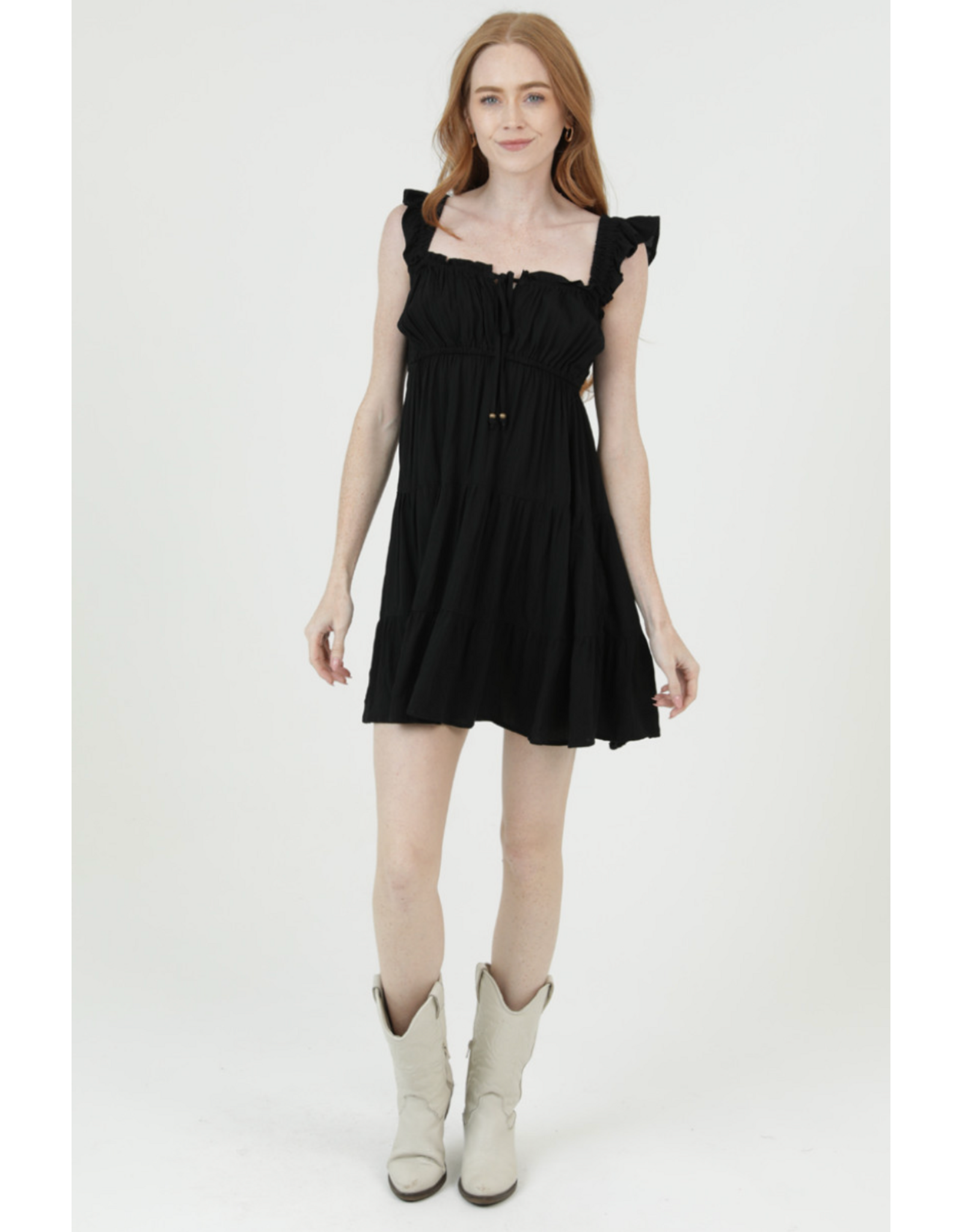 Ruffle Cap Sleeve Tiered Short Dress (Black)