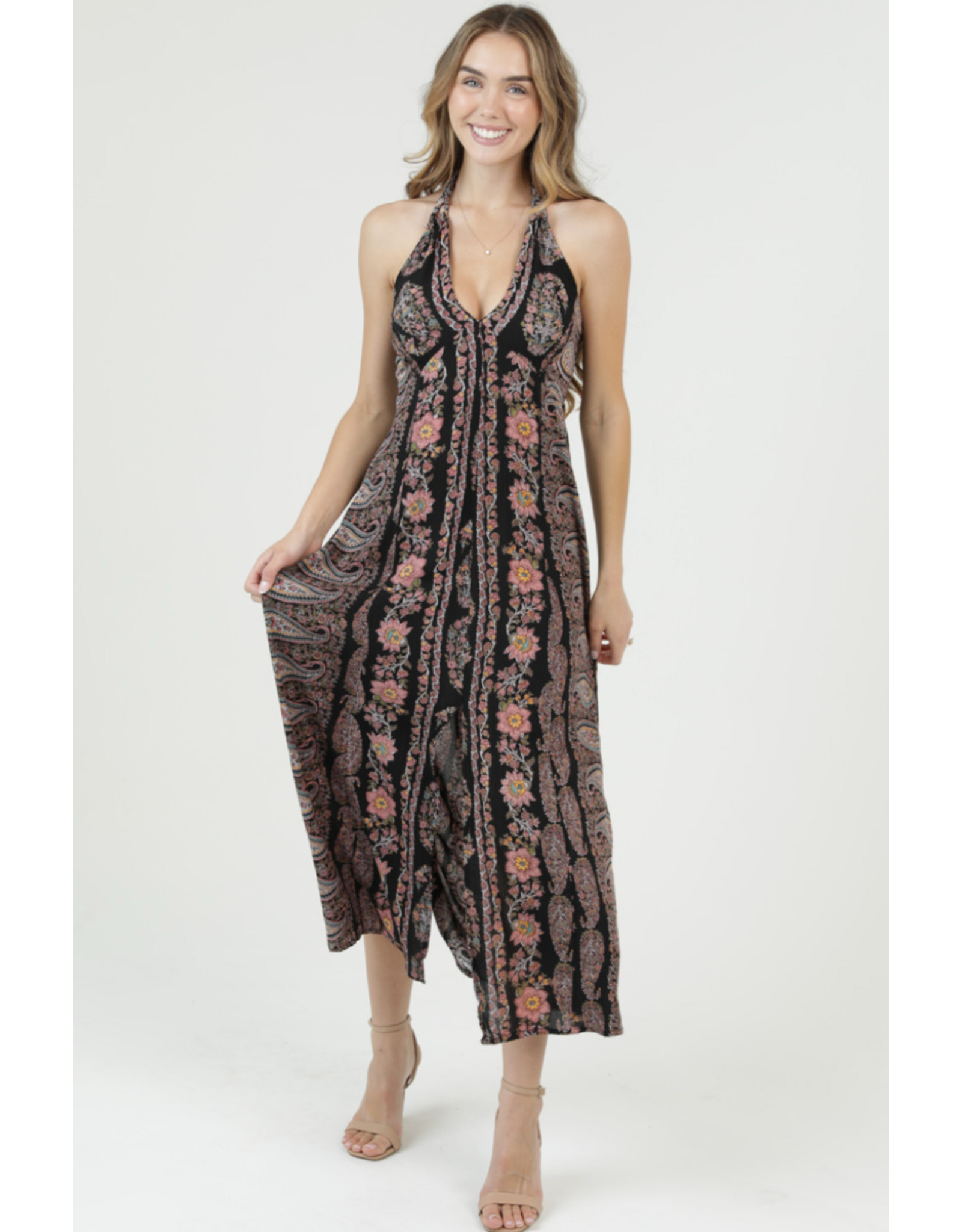 V Neck Halter Neck Maxi Dress (Black)
