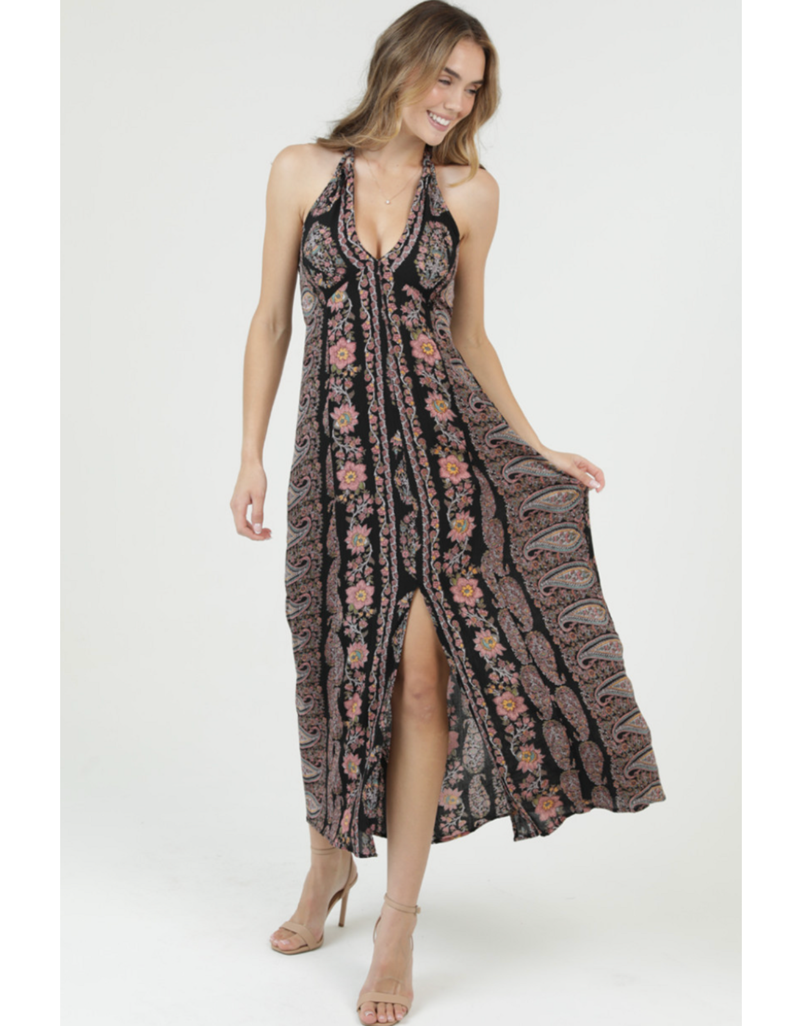 V Neck Halter Neck Maxi Dress (Black)