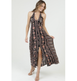 V Neck Halter Neck Maxi Dress (Black)