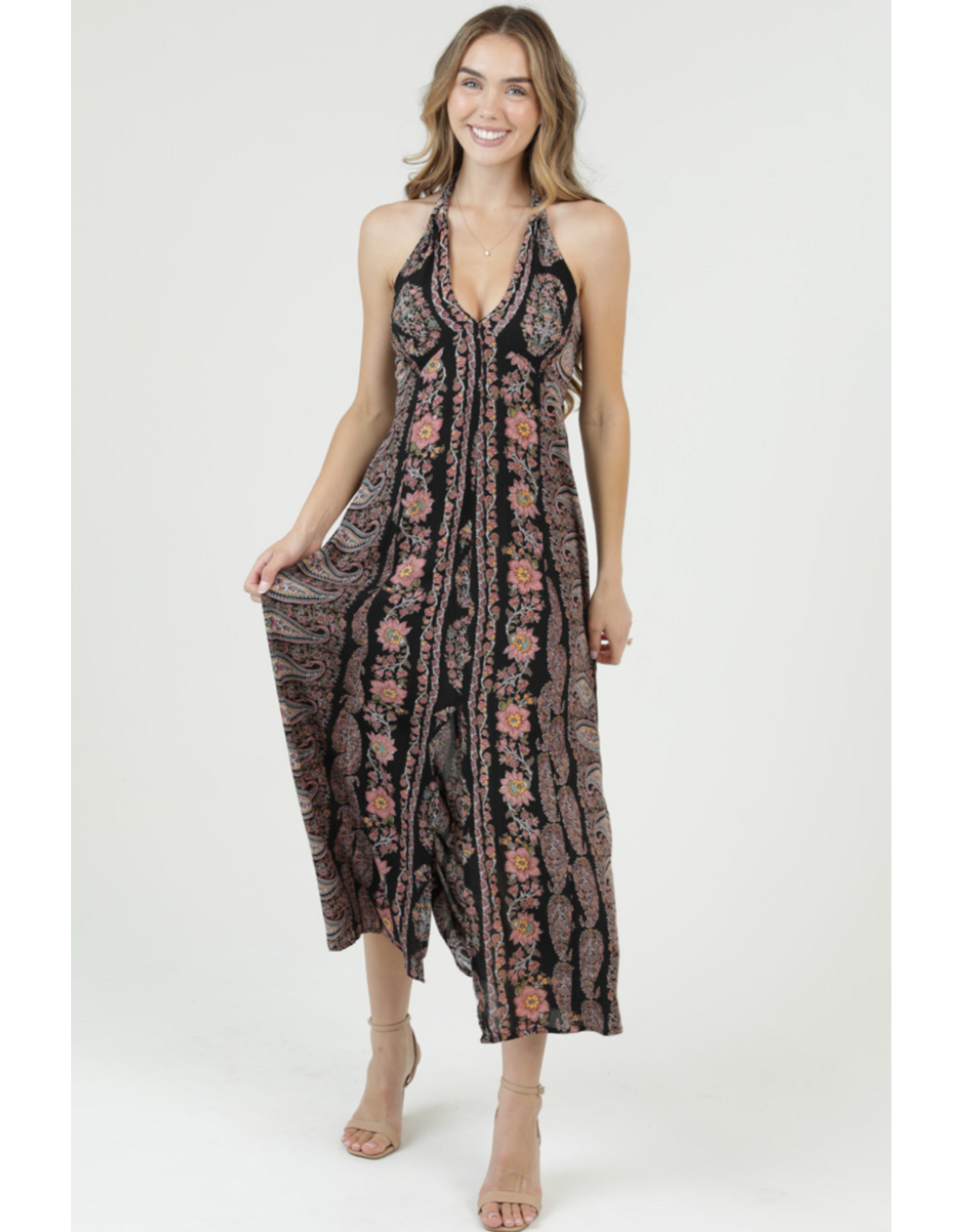 V Neck Halter Neck Maxi Dress (Black)