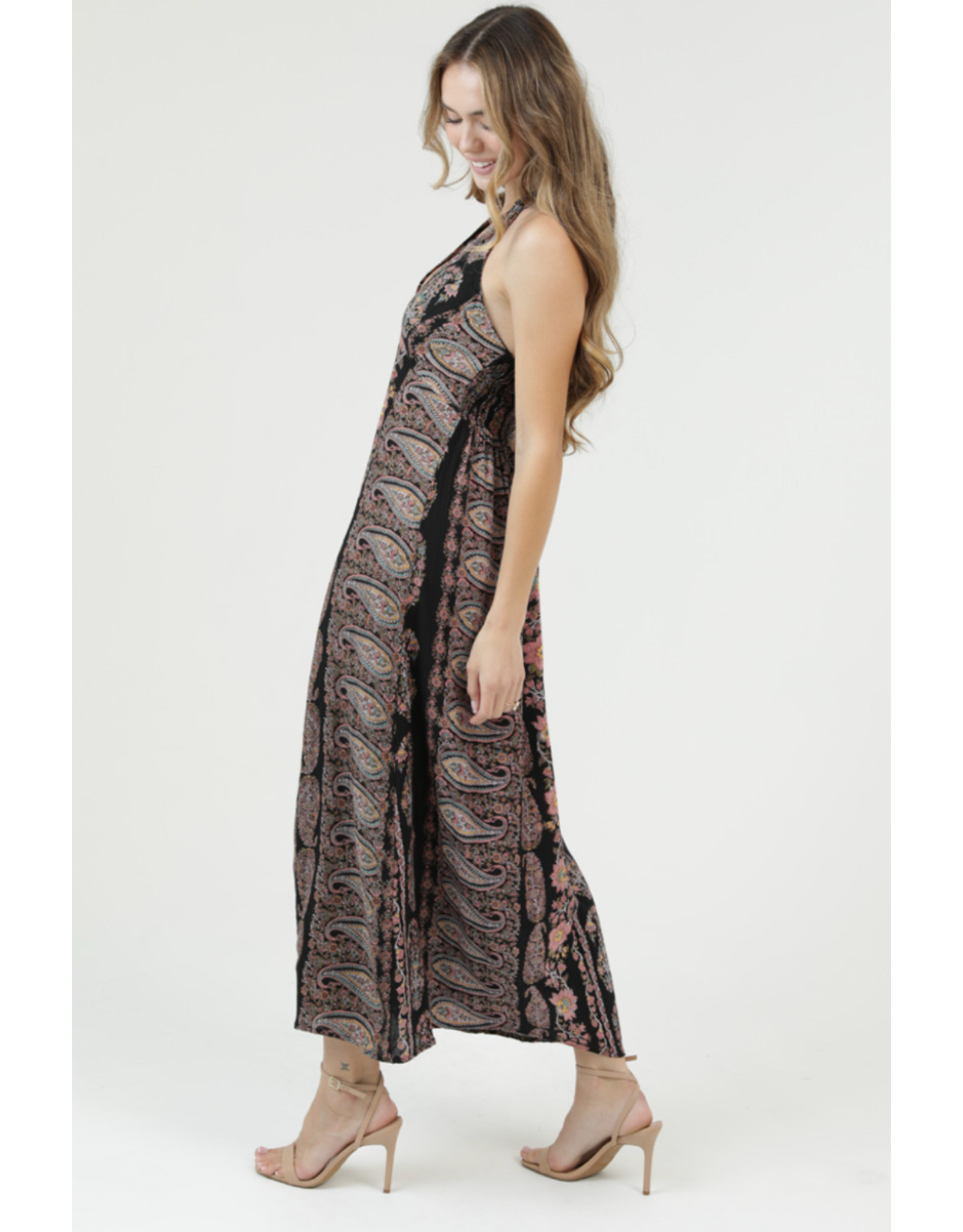 V Neck Halter Neck Maxi Dress (Black)