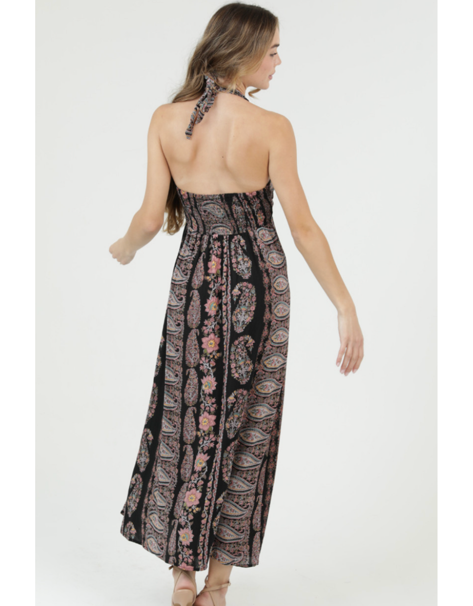 V Neck Halter Neck Maxi Dress (Black)