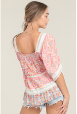 Floral Print Crochet Trim Top with Elbow Length Sleeves (Pink)