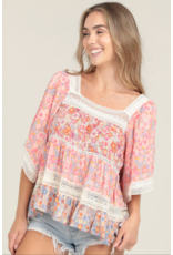Floral Print Crochet Trim Top with Elbow Length Sleeves (Pink)