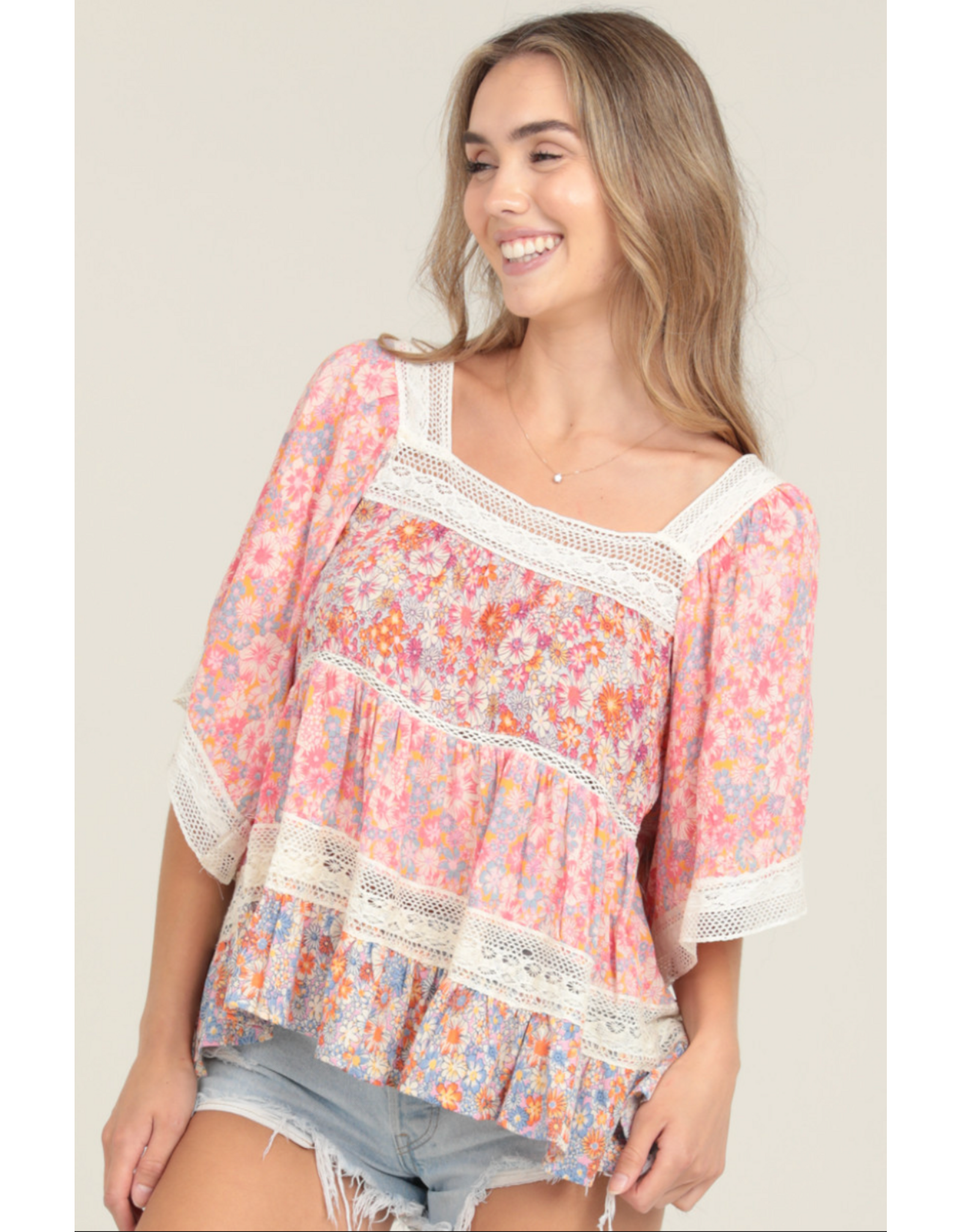 Floral Print Crochet Trim Top with Elbow Length Sleeves (Pink)