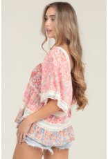 Floral Print Crochet Trim Top with Elbow Length Sleeves (Pink)
