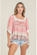 Floral Print Crochet Trim Top with Elbow Length Sleeves (Pink)
