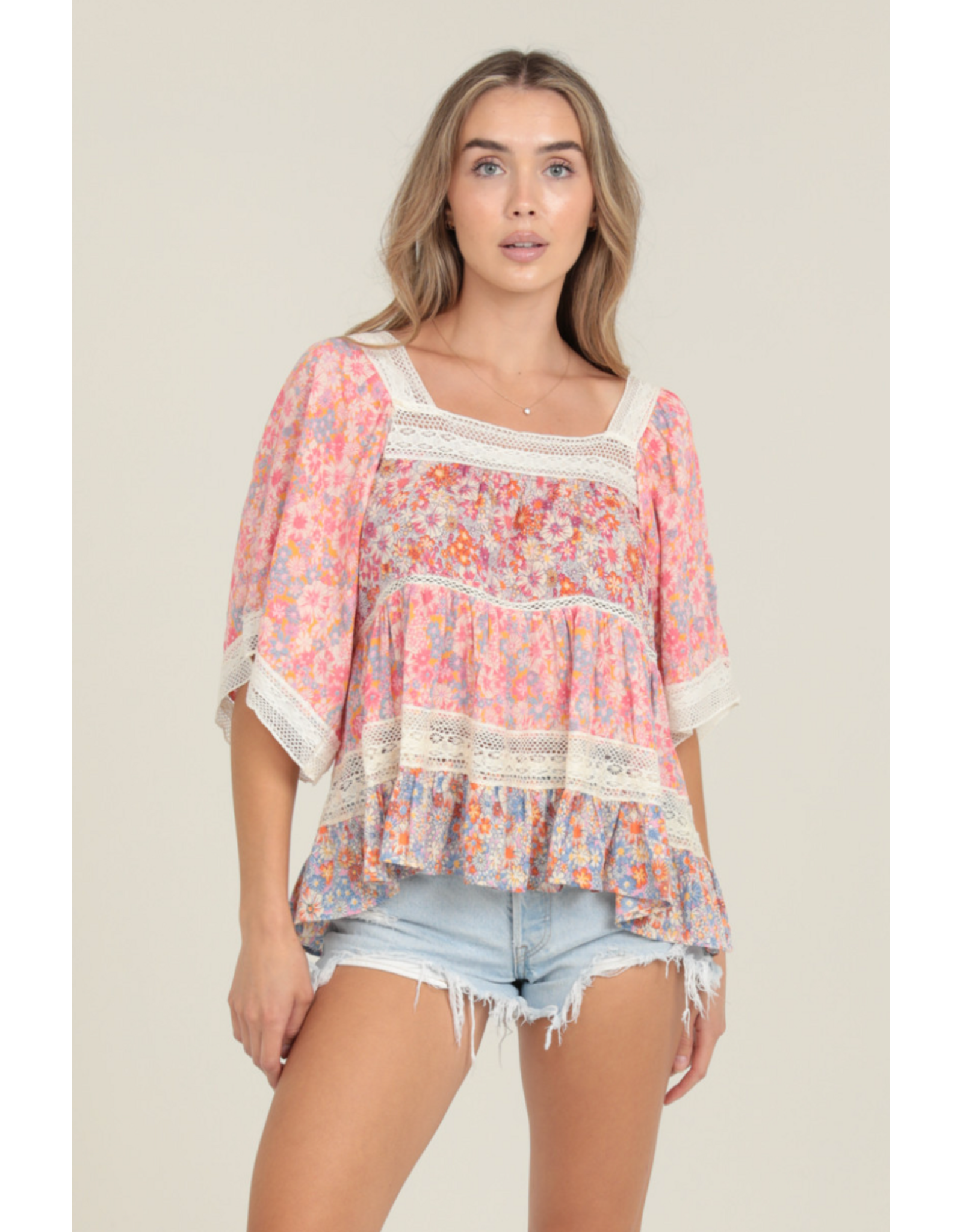 Floral Print Crochet Trim Top with Elbow Length Sleeves (Pink)