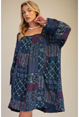Easel Patchwork Print Flowy Dress (Blueberry)