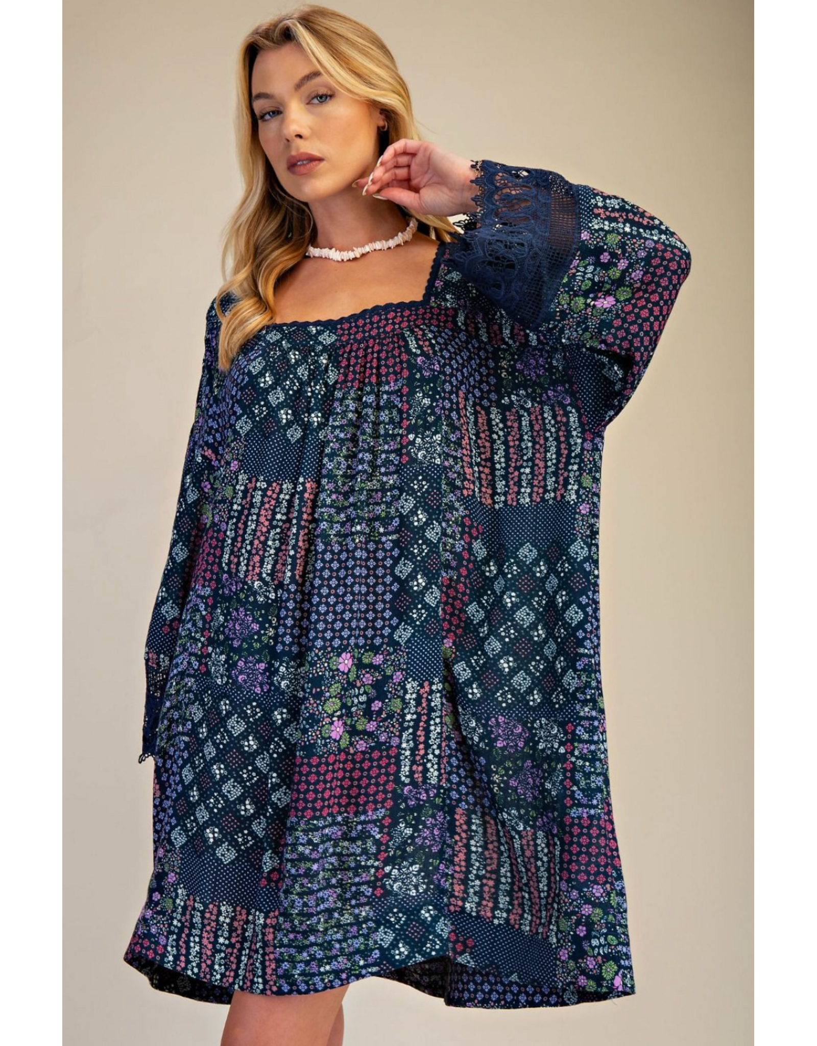 Easel Patchwork Print Flowy Dress (Blueberry)