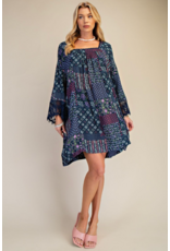 Easel Patchwork Print Flowy Dress (Blueberry)