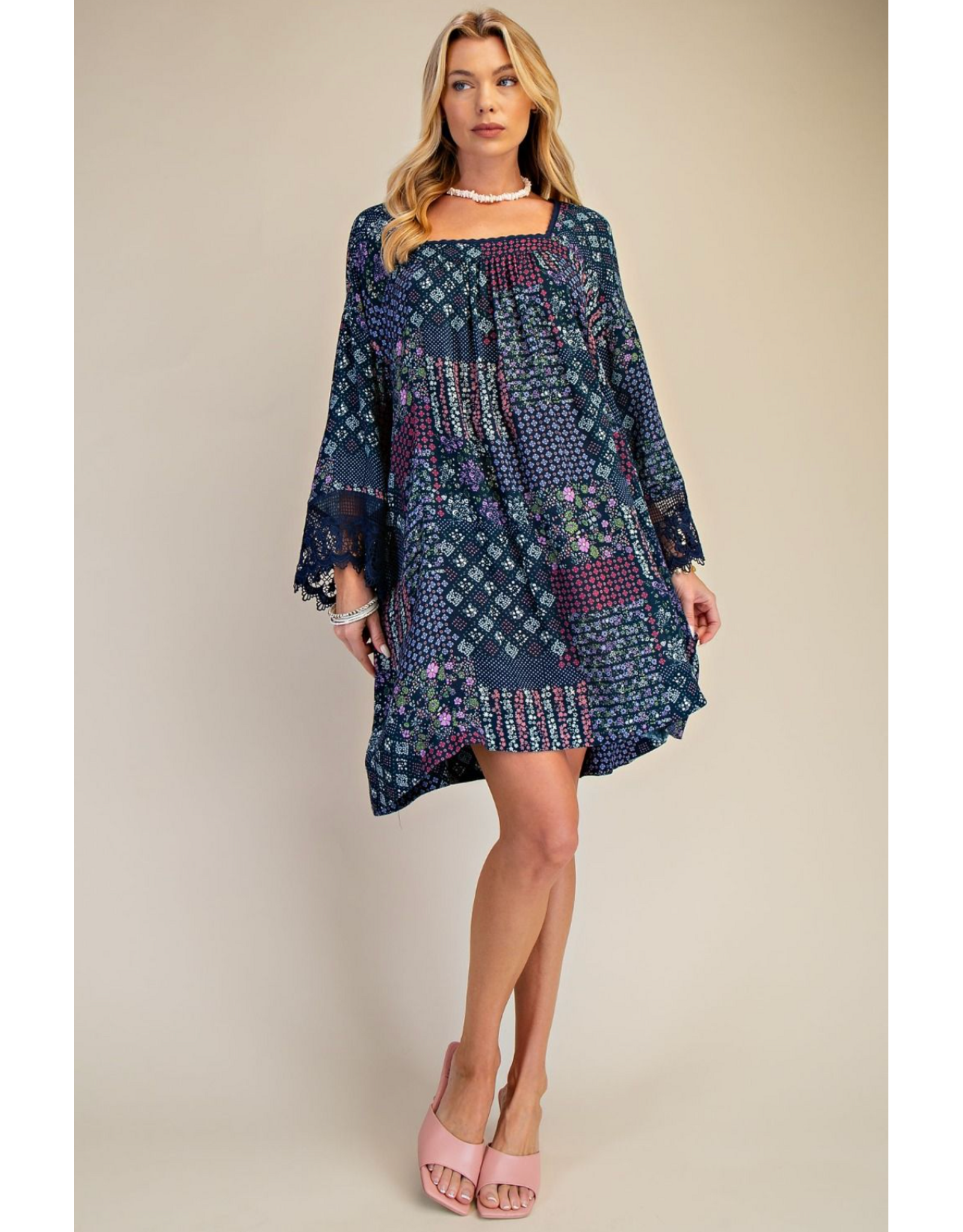 Easel Patchwork Print Flowy Dress (Blueberry)