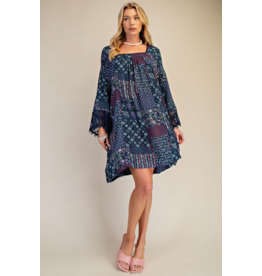Easel Patchwork Print Flowy Dress (Blueberry)
