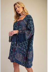 Easel Patchwork Print Flowy Dress (Blueberry)