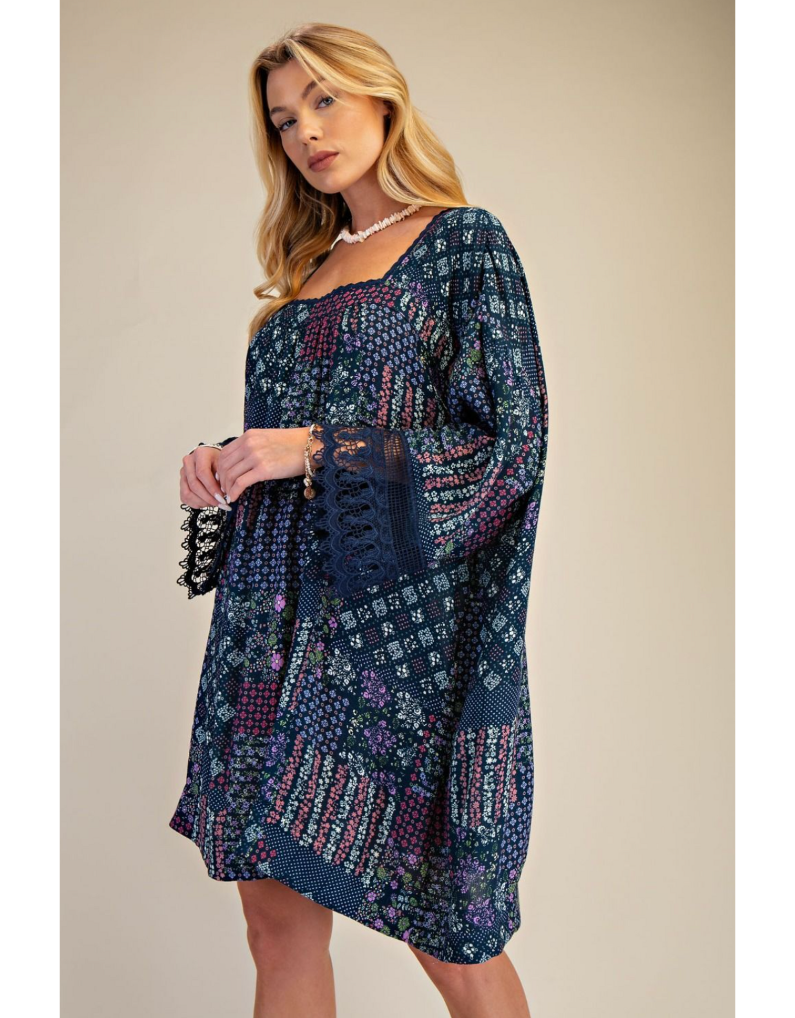 Easel Patchwork Print Flowy Dress (Blueberry)