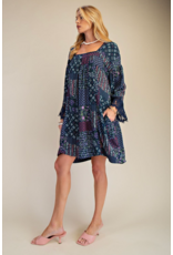 Easel Patchwork Print Flowy Dress (Blueberry)