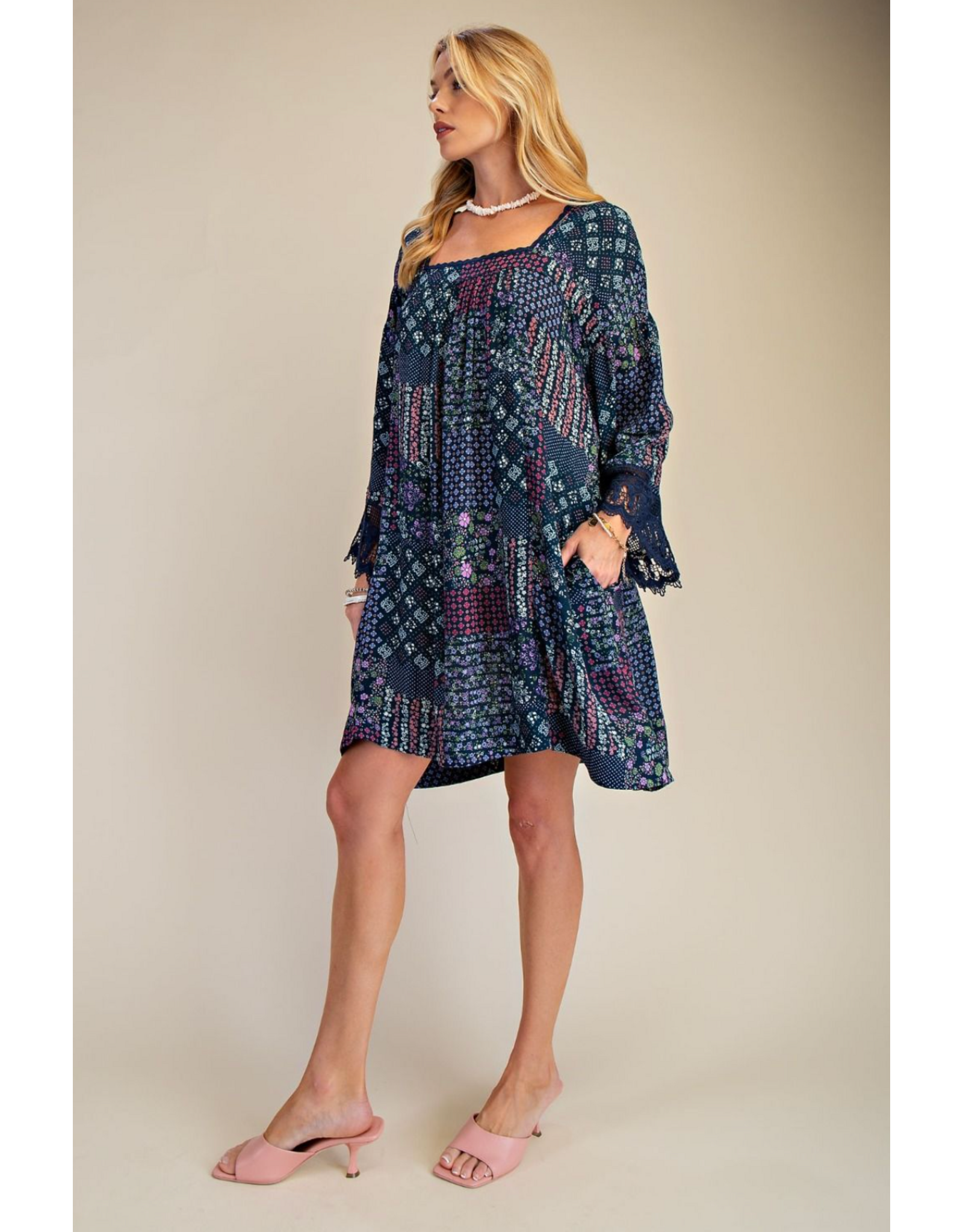 Easel Patchwork Print Flowy Dress (Blueberry)