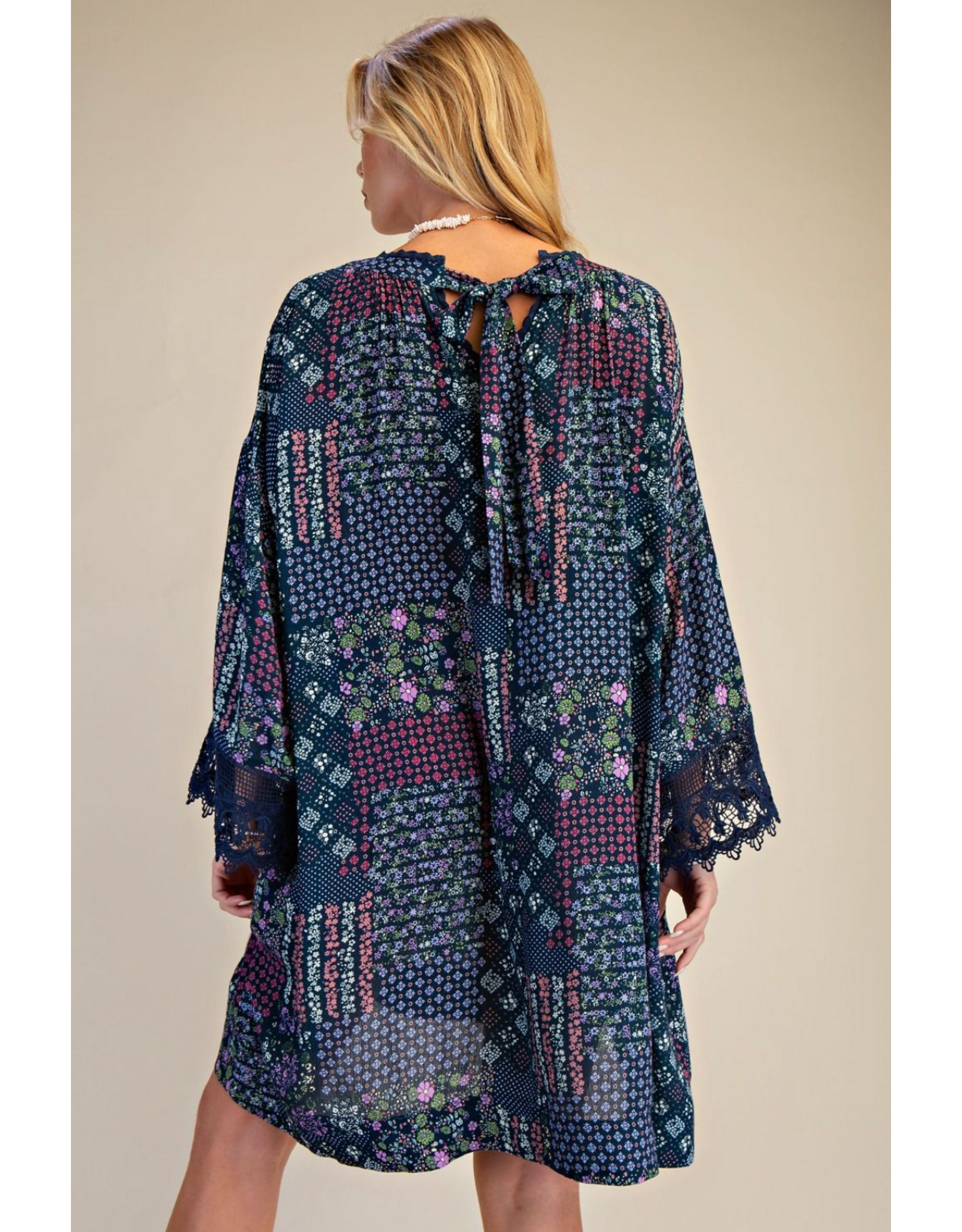 Easel Patchwork Print Flowy Dress (Blueberry)