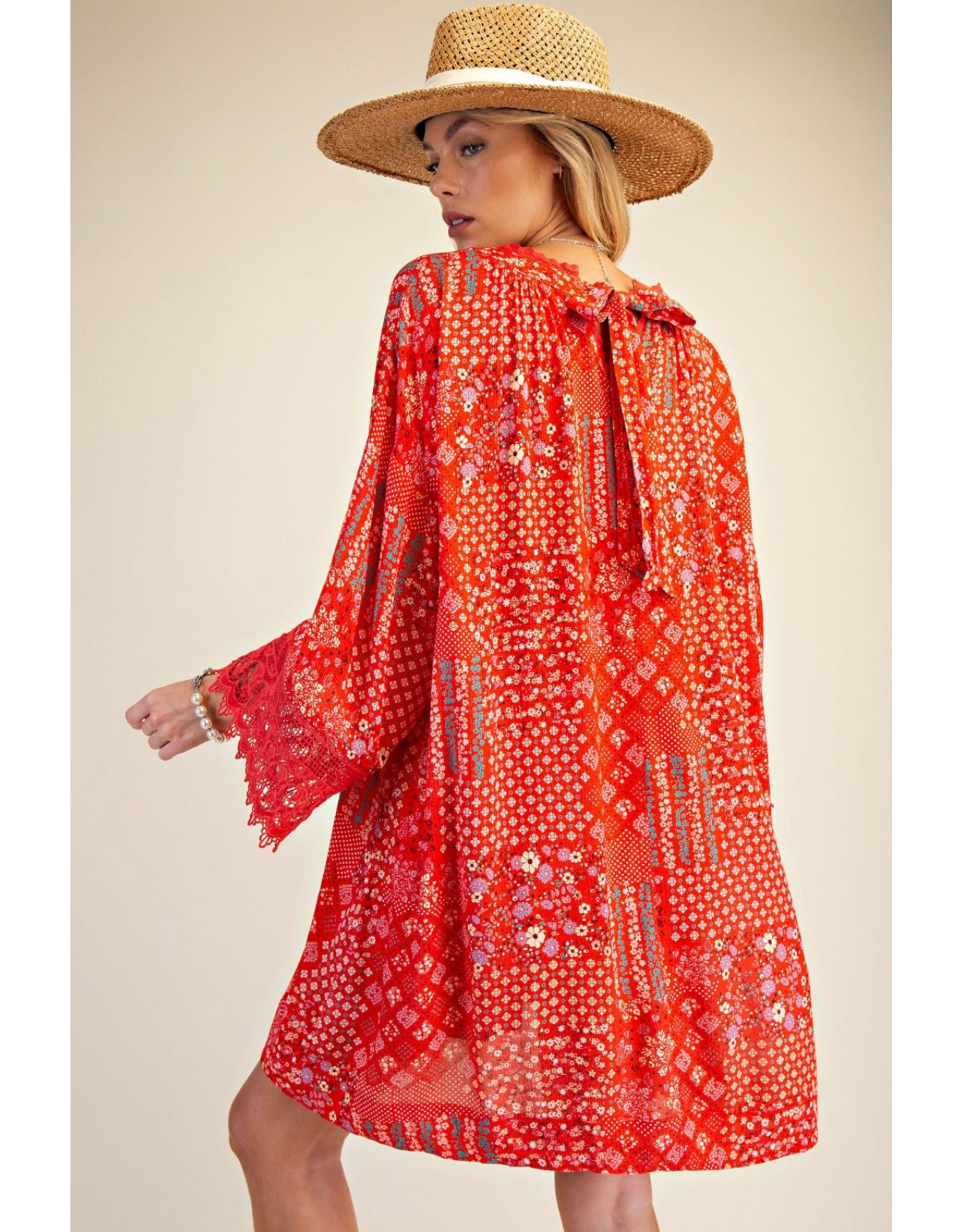 Easel Patchwork Print Flowy Dress (Strawberry)