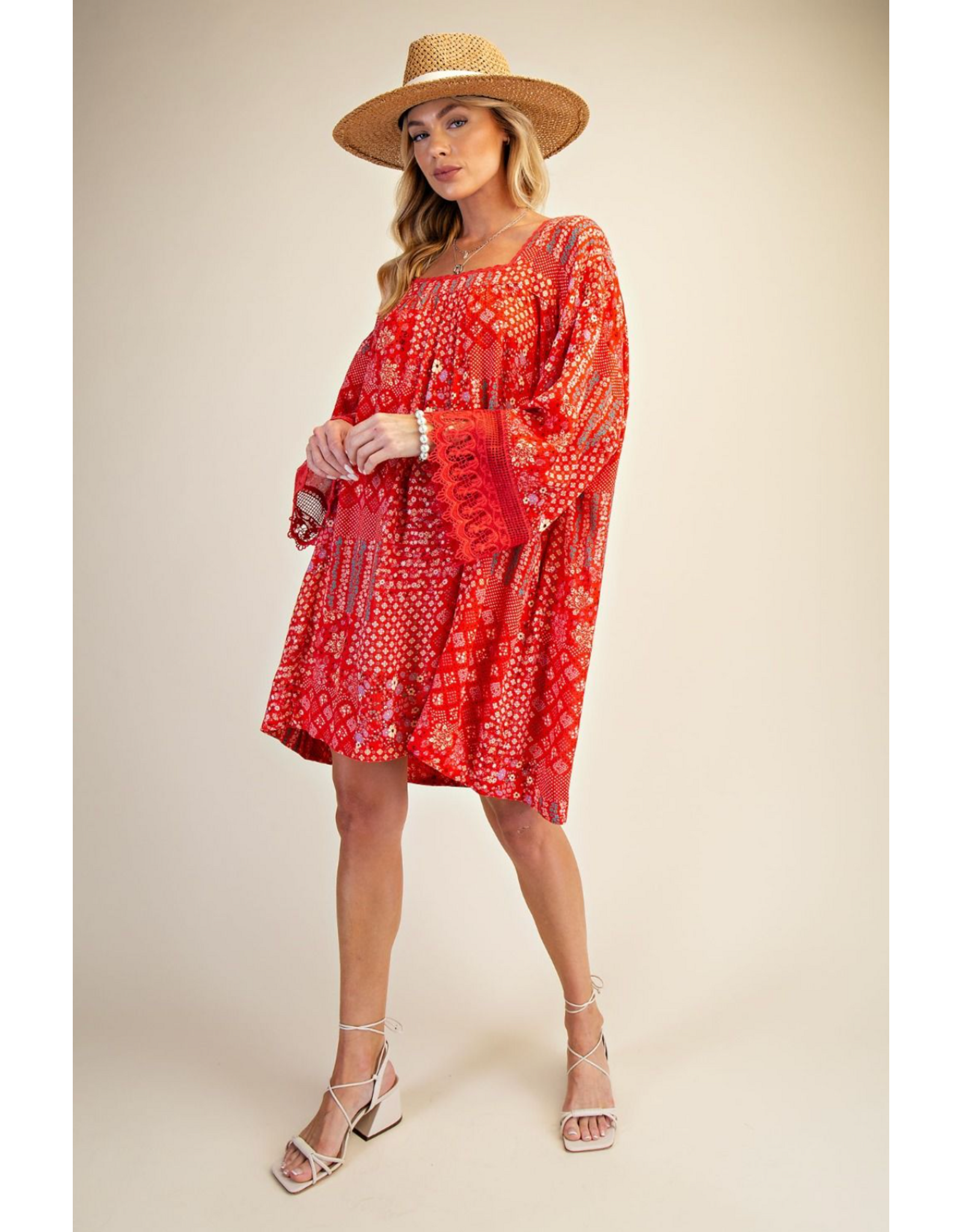 Easel Patchwork Print Flowy Dress (Strawberry)