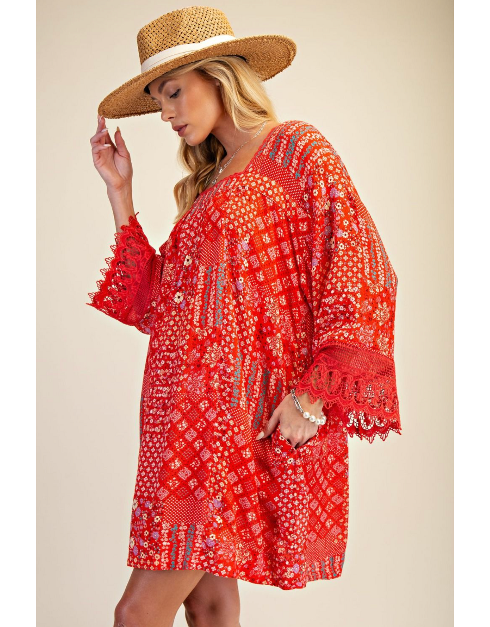 Easel Patchwork Print Flowy Dress (Strawberry)