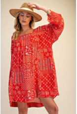 Easel Patchwork Print Flowy Dress (Strawberry)