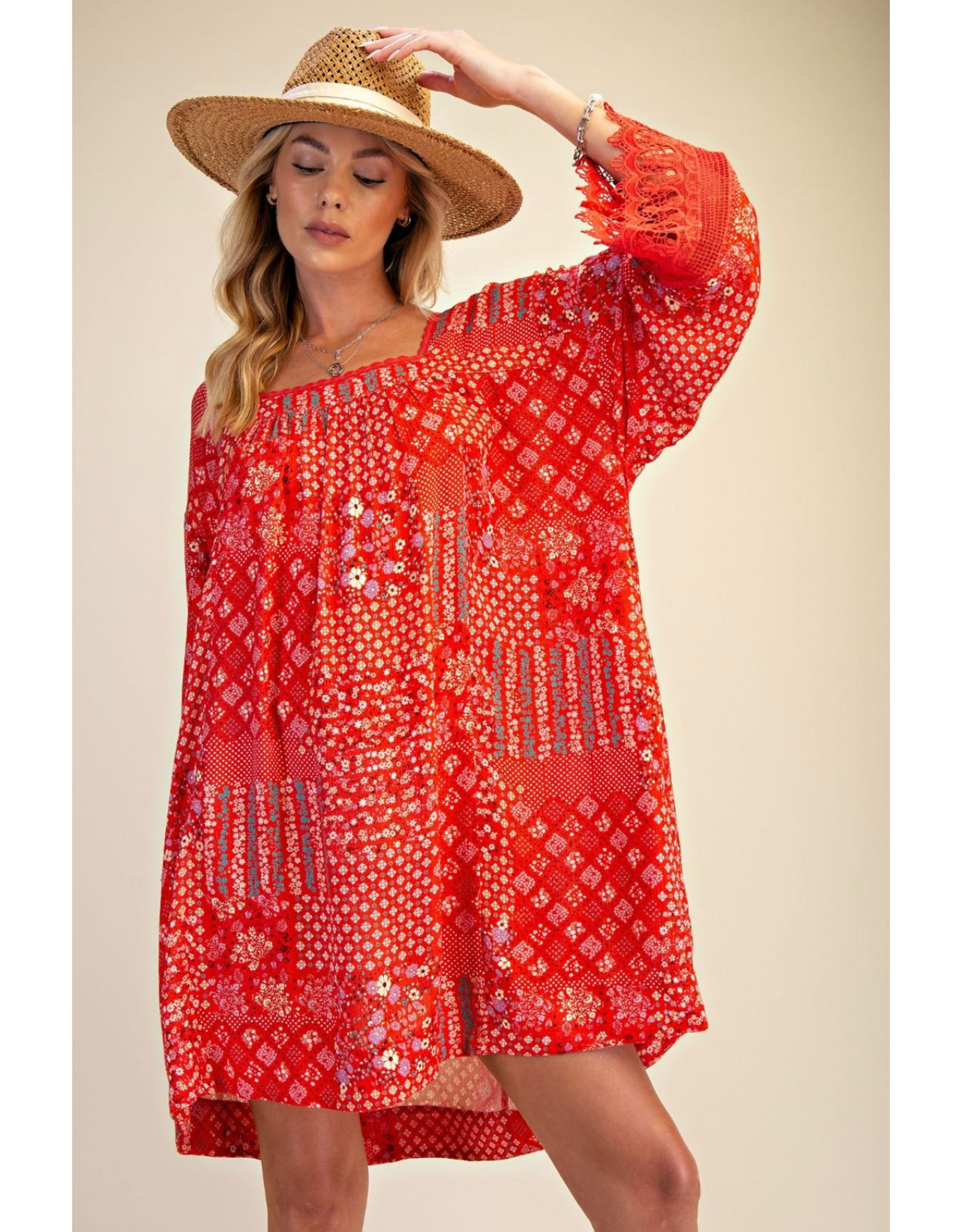Easel Patchwork Print Flowy Dress (Strawberry)