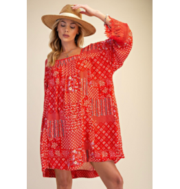 Easel Patchwork Print Flowy Dress (Strawberry)