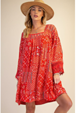 Easel Patchwork Print Flowy Dress (Strawberry)