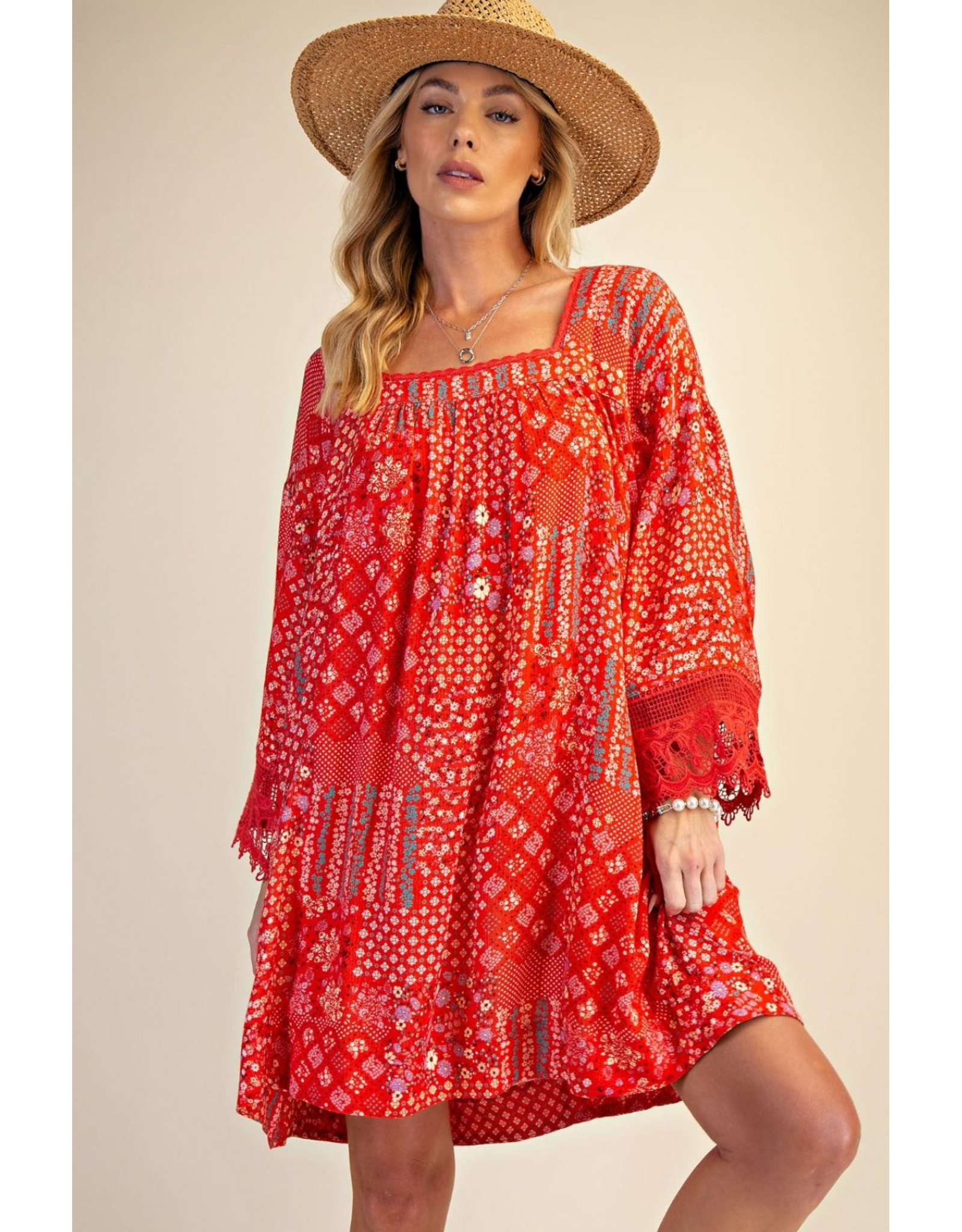 Easel Patchwork Print Flowy Dress (Strawberry)