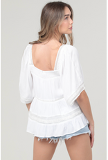 Crochet Trim Top with Elbow Length Sleeves (White)