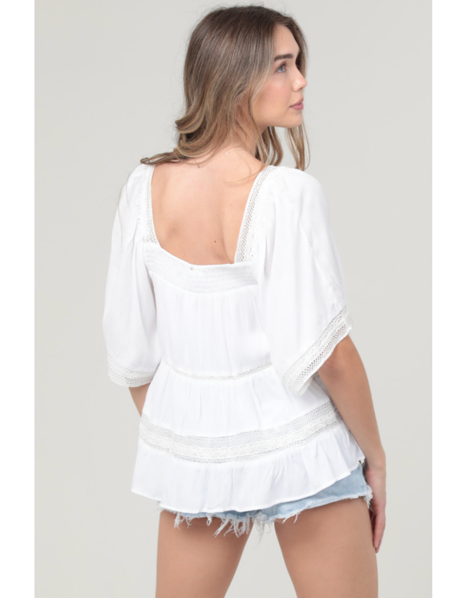 Crochet Trim Top with Elbow Length Sleeves (White)
