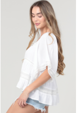 Crochet Trim Top with Elbow Length Sleeves (White)