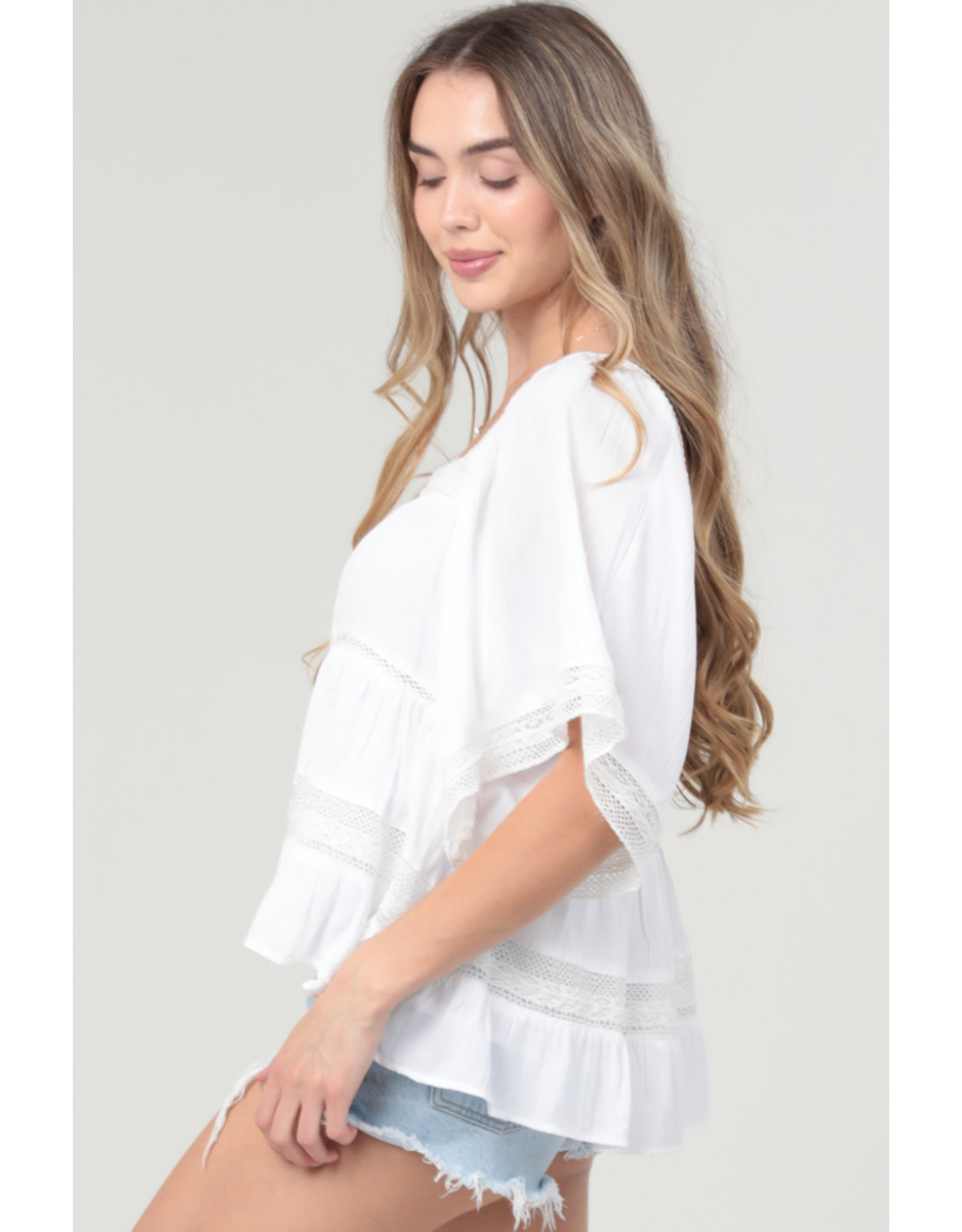 Crochet Trim Top with Elbow Length Sleeves (White)